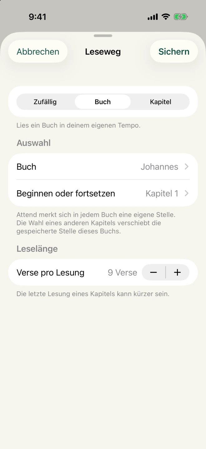 Leseeinstellungen in Attend für Buch, Kapitel, zufällige Abschnitte und die Anzahl der Verse.