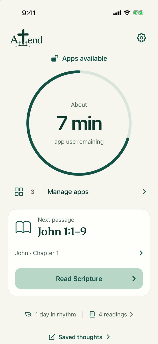 Attend Home with an app-access dial, the next Bible passage, and Saved thoughts.