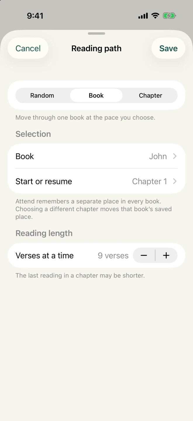 Attend reading settings for choosing a book, chapter, or random passage and reading length.