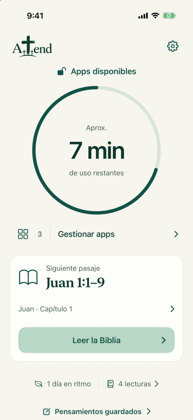Inicio de Attend con un indicador de acceso a las apps, el próximo pasaje bíblico y pensamientos guardados.