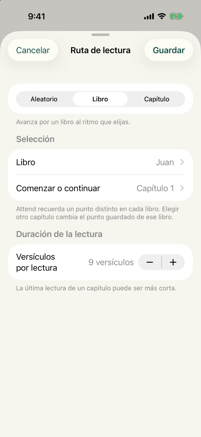 Ajustes de lectura de Attend para elegir un libro, capítulo o pasaje al azar y la cantidad de versículos.