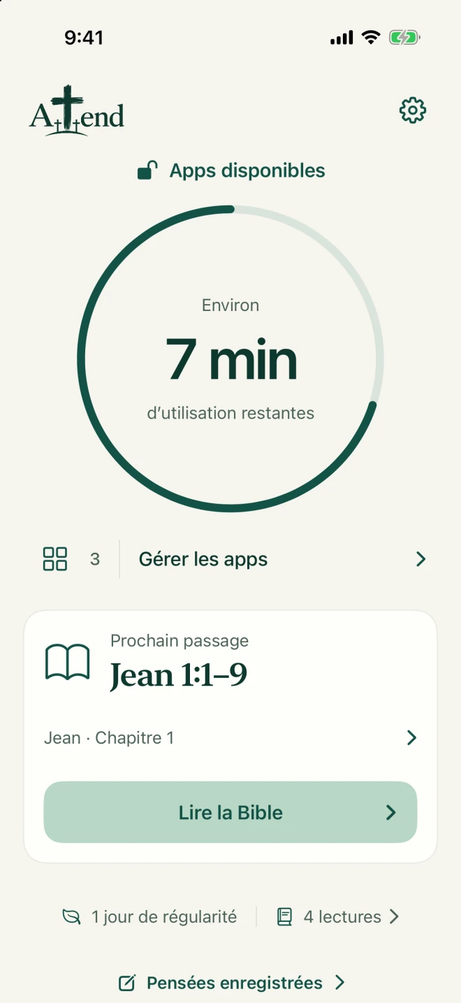 Accueil d’Attend avec un indicateur d’accès aux apps, le prochain passage biblique et les pensées enregistrées.