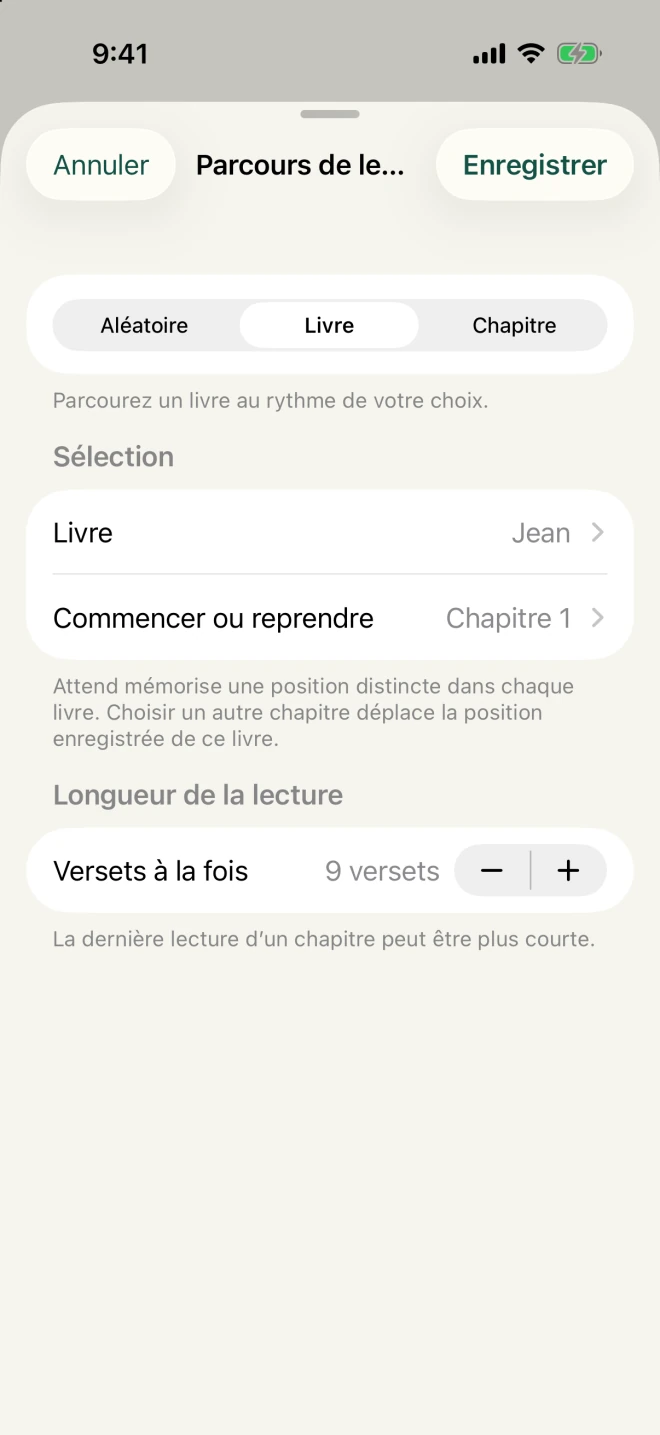 Réglages de lecture d’Attend pour choisir un livre, un chapitre ou un passage au hasard et le nombre de versets.