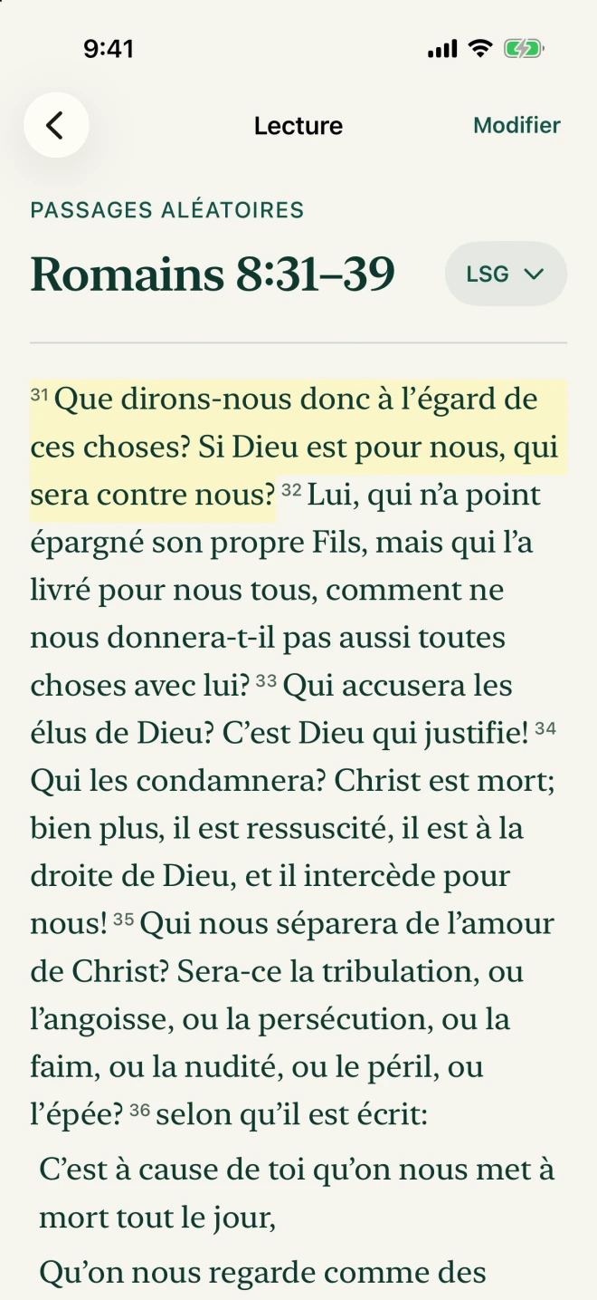 Lecteur biblique d’Attend affichant un verset surligné.