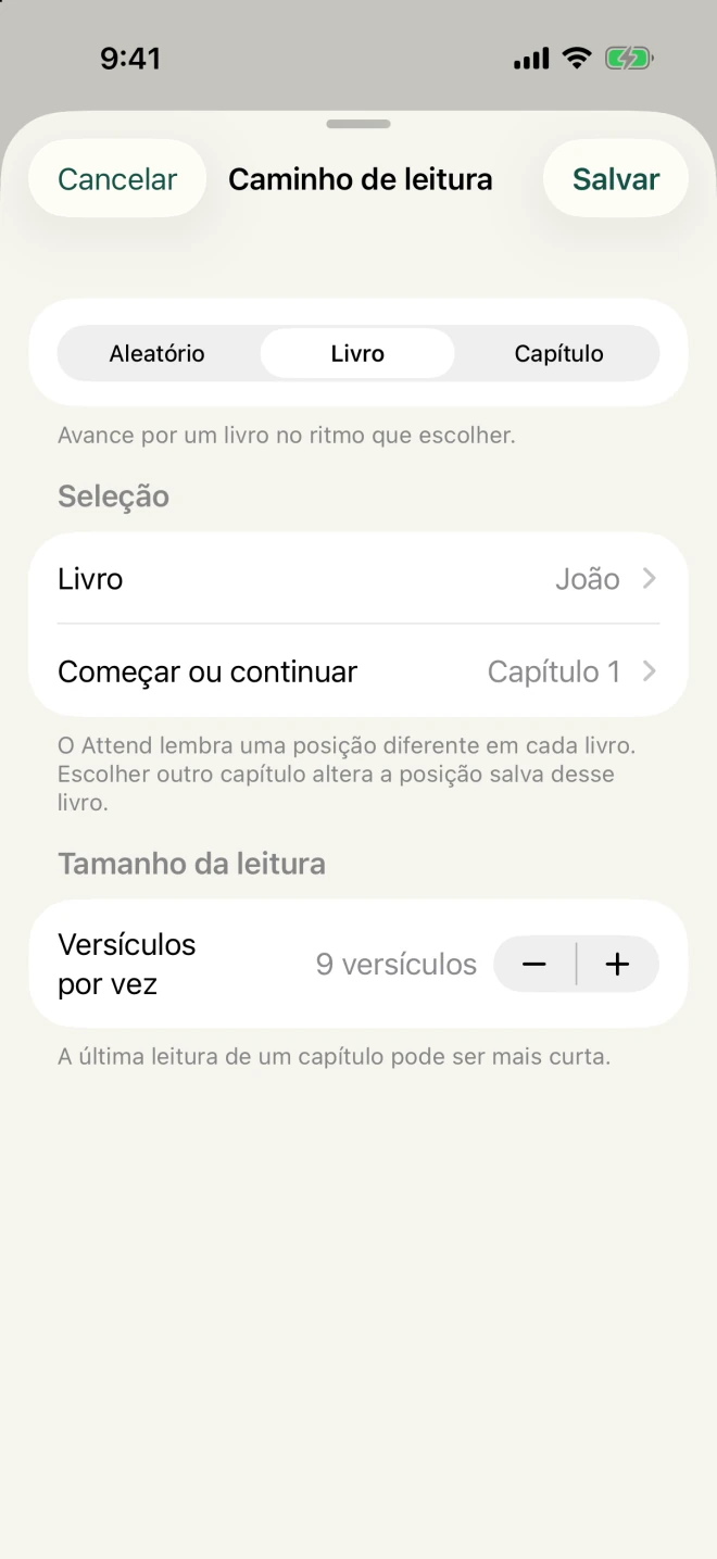 Configurações de leitura do Attend para escolher um livro, capítulo ou trecho aleatório e a quantidade de versículos.